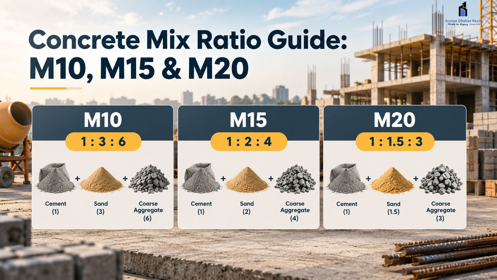 Read more about the article Concrete Mix Ratio Guide: M10, M15 & M20 Proportions