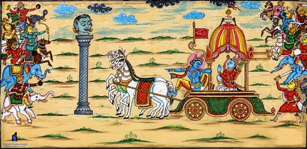 A painting in which beheaded Barbarika is watching the Mahabharata war showing barbarika's sacrifice and mythology