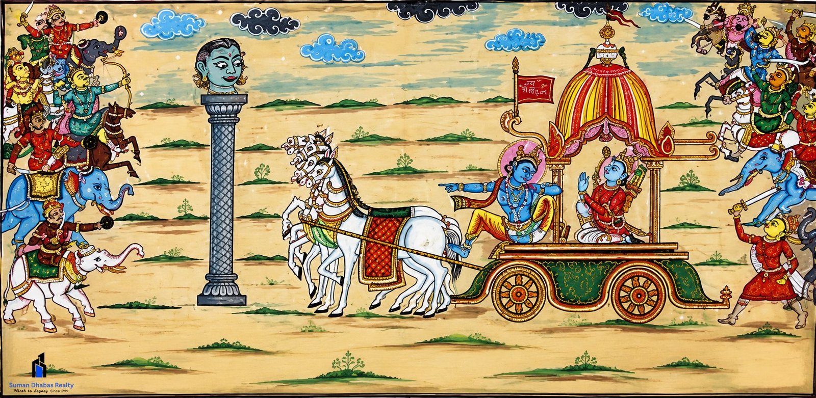 A painting in which beheaded Barbarika is watching the Mahabharata war showing barbarika's sacrifice and mythology