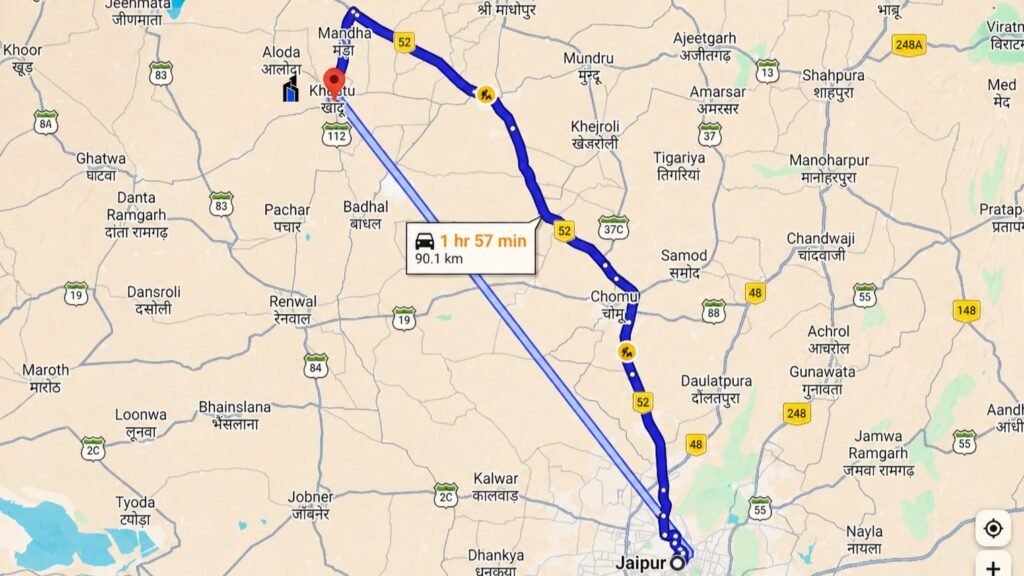 a screenshot from the maps showing the distance from jaipur to khatu shyam travel guide