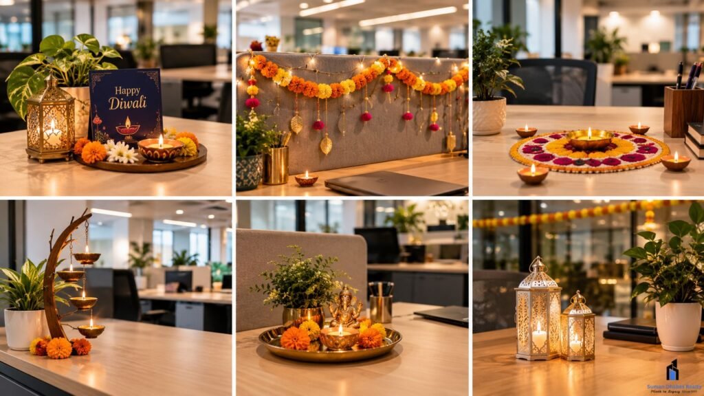 creative diwali desk decoration in office
