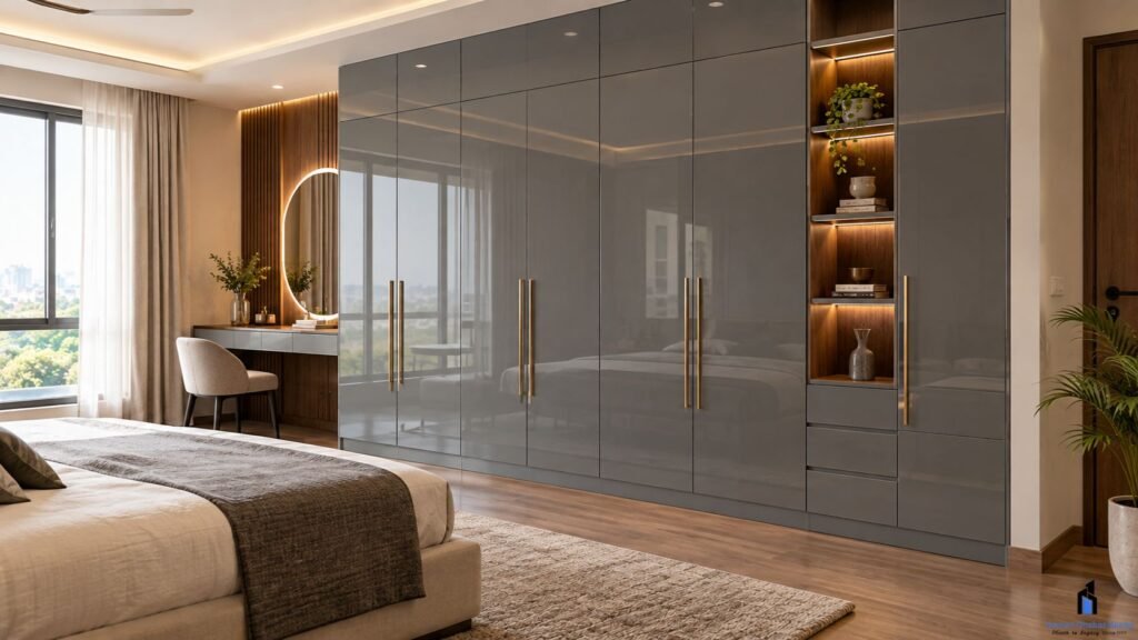grey lacquered glass textures in wardrobes and tv units