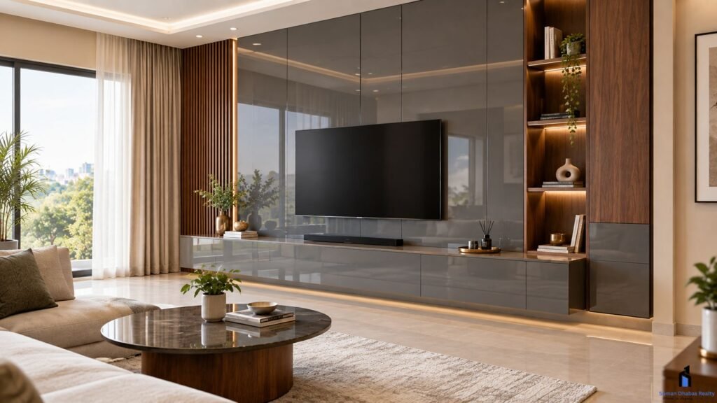 grey lacquered glass textures in tv units