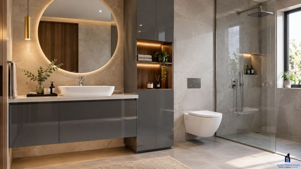 grey lacquered glass texture in bathroom furniture