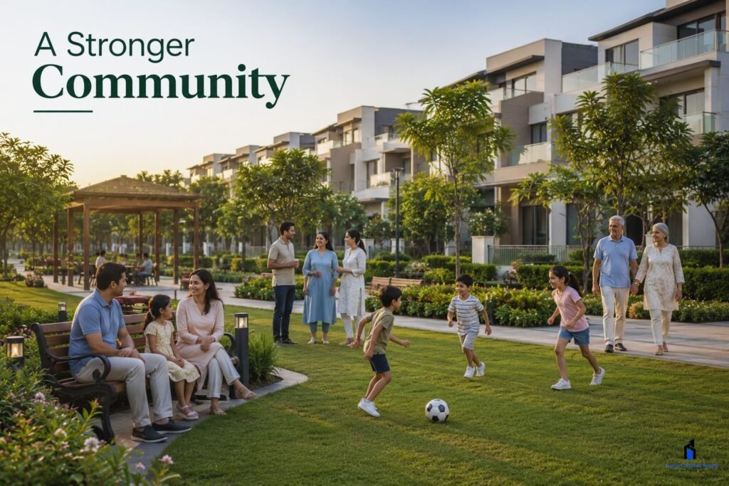 many families hanging out in a community